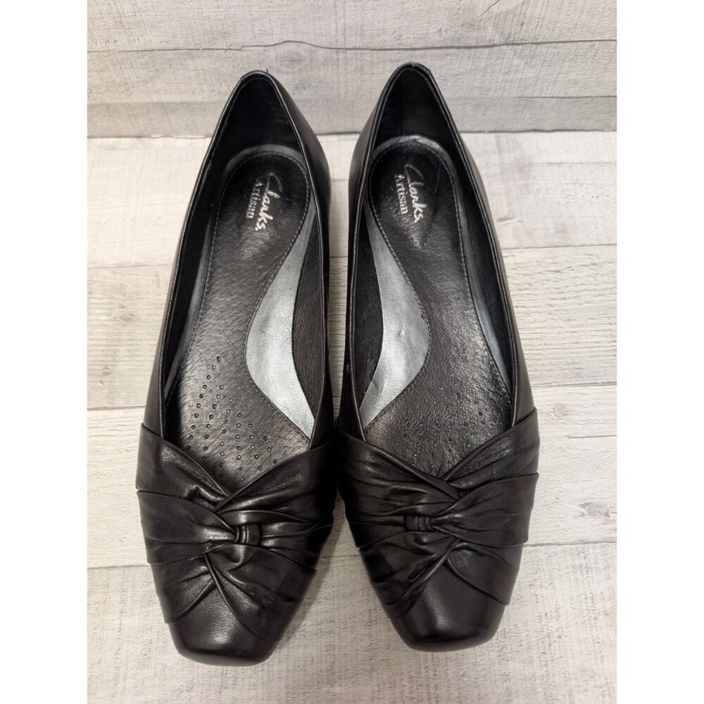 Clarks Artisan Black Leather Flats Womens Slip-On Shoes Size 8M With Knot Design